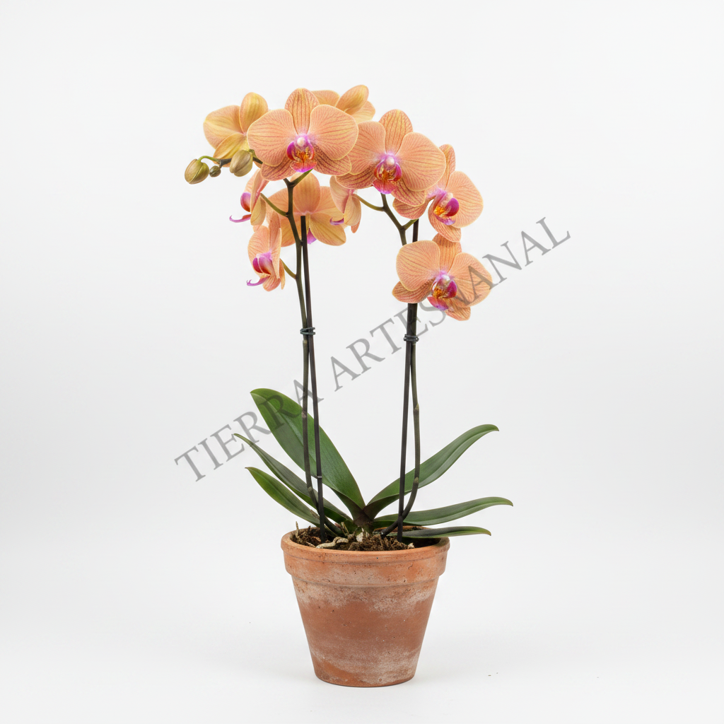 Orquídea Phalaenopsis salmón en maceta terracota