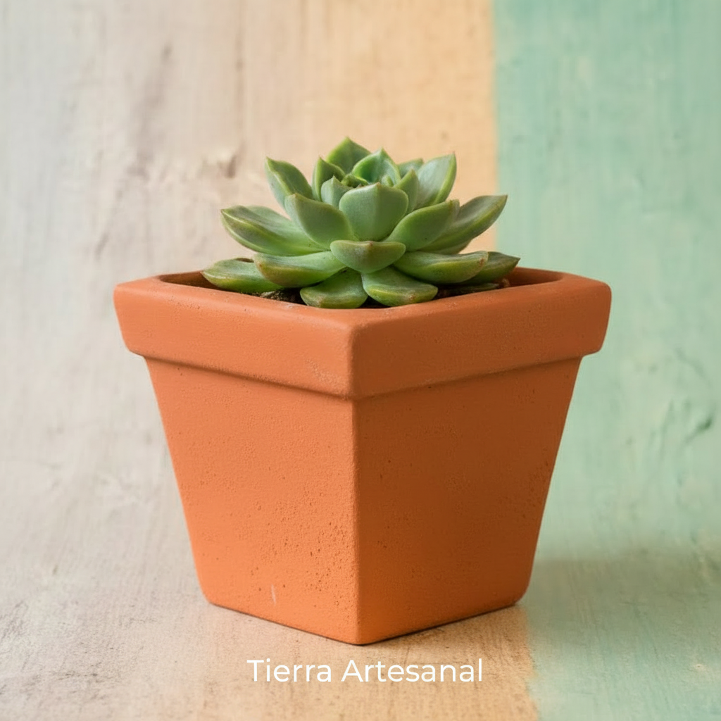 Matera cuadrada terracota con suculenta - lifestyle